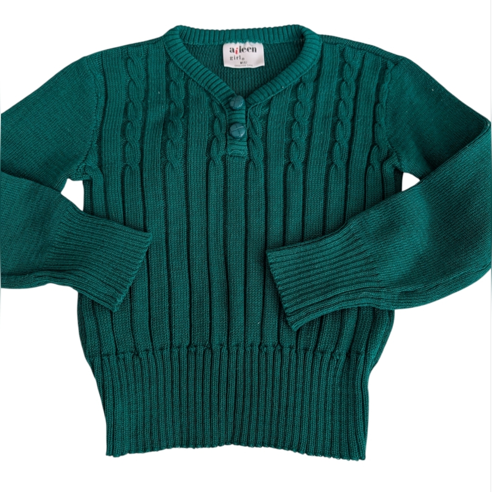 80s 90s Vintage Girls Aileen Green Cable Knit Sweater Size M 6